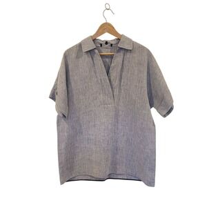 Lafayette 148 Blue Linen Popover Top Small Oversized Loose Dolman‎ Short Sleeves